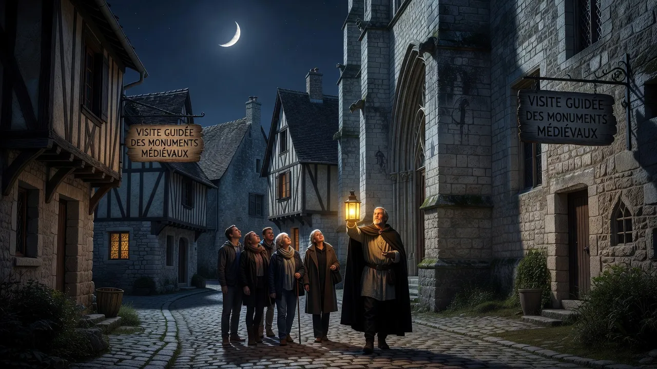Visite guidée nocturne aux flambeaux devant des murailles médiévales illuminées, petite troupe de visiteurs