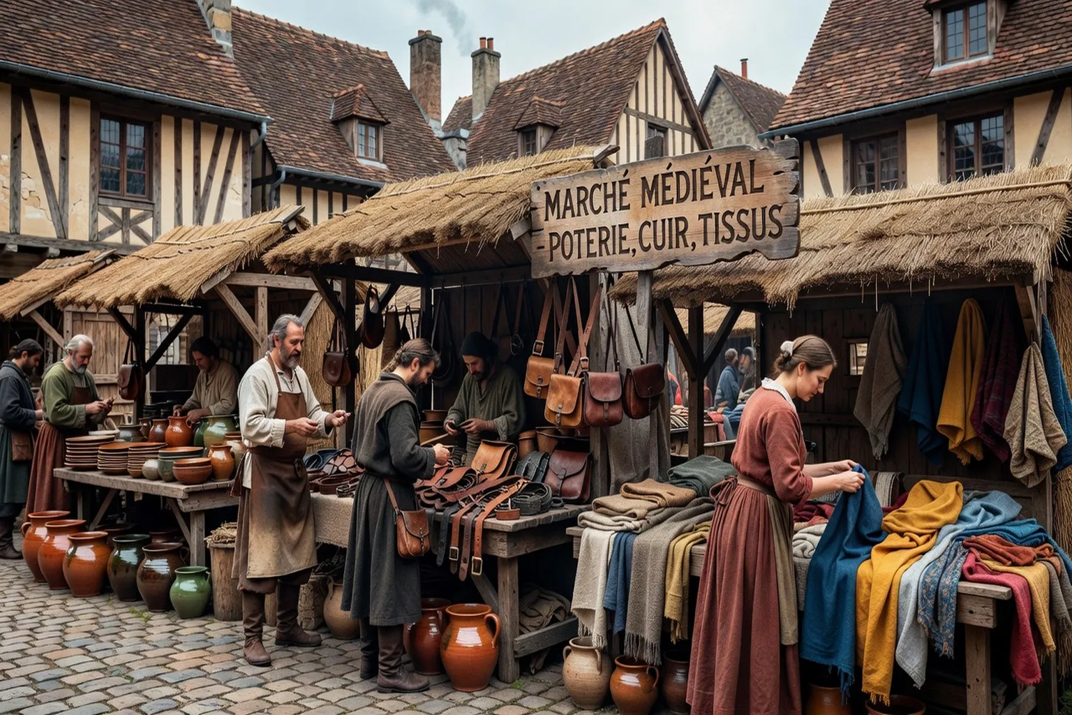 Marché médiéval avec artisans en costume et stands d'artisanat, village de Vienne
