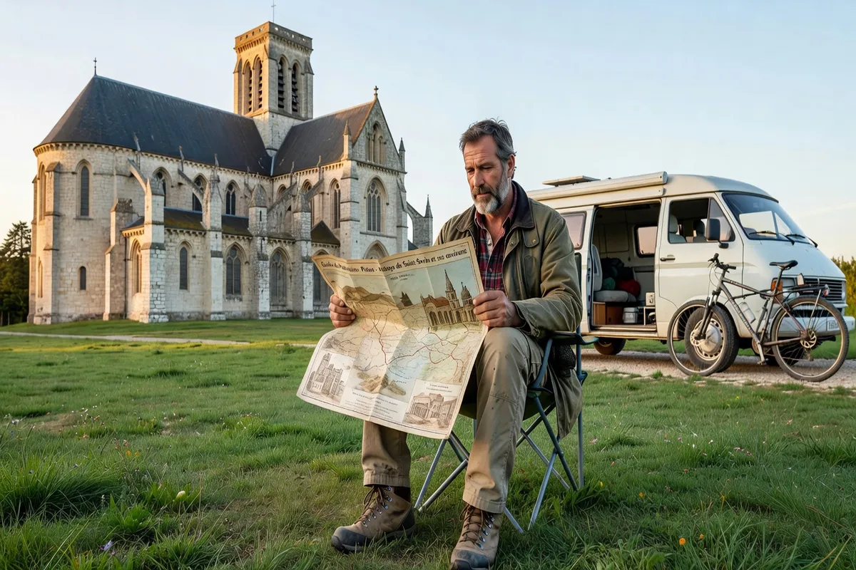 Camping-cariste consultant un guide patrimoine près d'un monument du Poitou