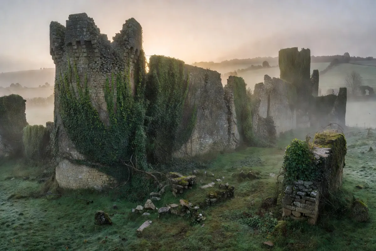 Ruines de remparts médiévaux dans la campagne du Vienne, tour d'enceinte