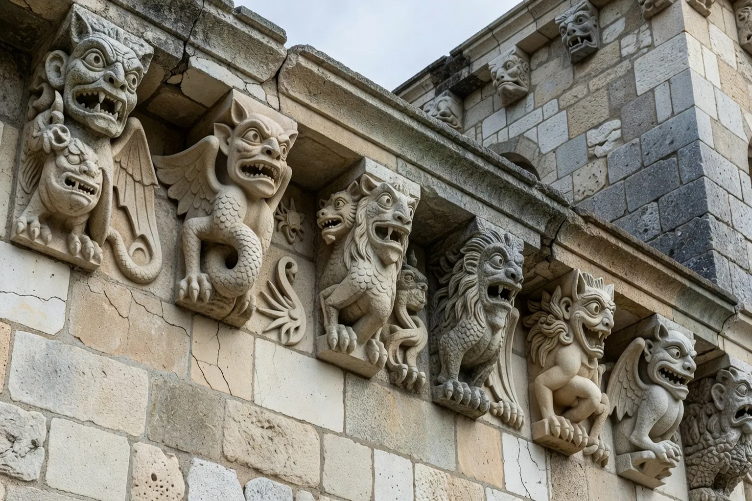 Modillons sculptés sur une église romane poitevine, détail de corniche