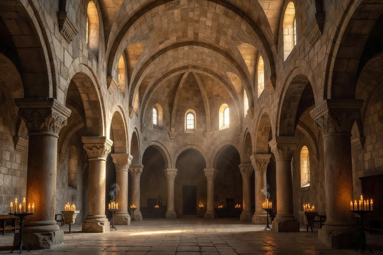 Intérieur voûté d'une église romane du Poitou, colonnes et chapiteaux