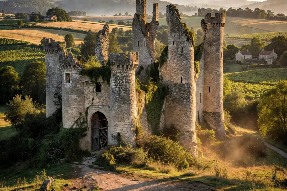 Ruines du château fort de Château-Larcher, châtelet d'entrée en calcaire médiéval