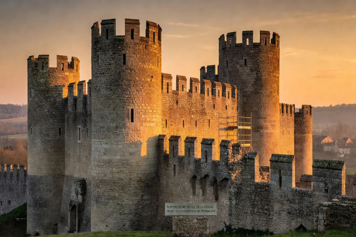 Remparts et tours de pierre d'une forteresse médiévale du Vienne