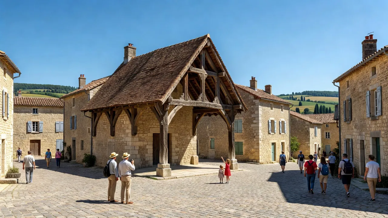 Vue aérienne d'un village médiéval du Poitou avec un clocher roman, entouré de bocage et d'une rivière