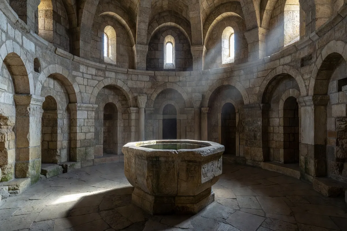 Intérieur d'un baptistère roman, fonts baptismaux en pierre