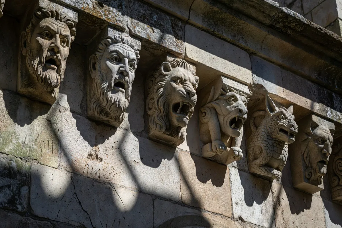 Modillons sculptés de l'église de Château-Larcher, personnages en pierre romane