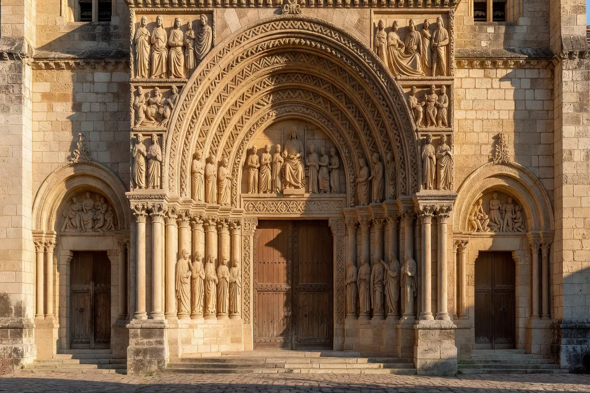 Façade romane sculptée d'une église en Poitou, portail à décor géométrique