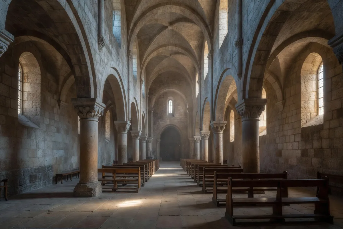 Intérieur d'une église romane dans le Vienne, arcs en plein cintre et lumière tamisée