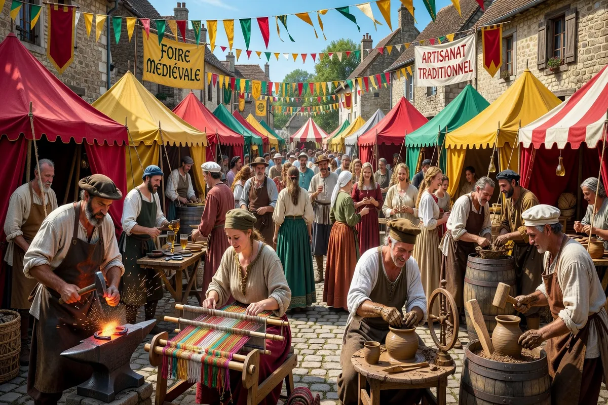 Foire médiévale animée sur la place d'un village du Vienne, artisans en costume