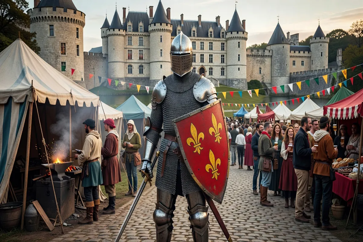 Chevalier en armure lors des animations médiévales de Château-Larcher