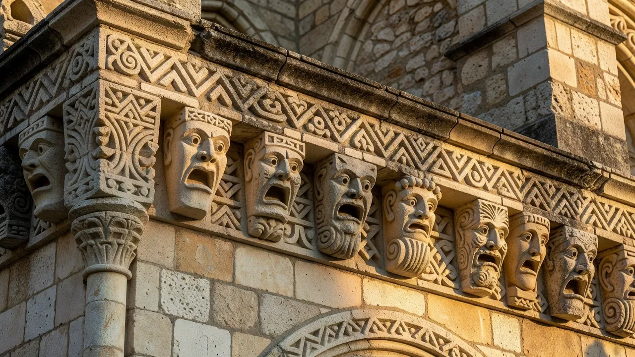 Modillons romans sculptés sur l'extérieur d'une église de Poitou, motifs géométriques et masques en calcaire