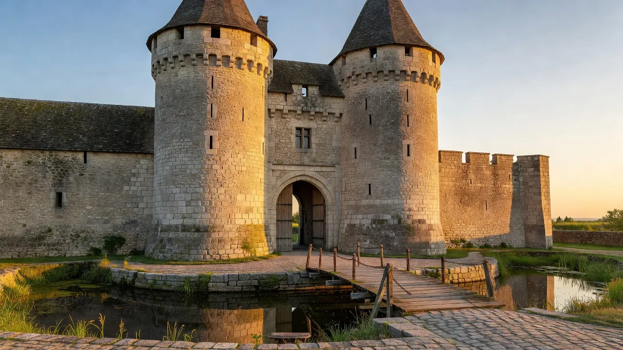 Châtelet médiéval fortifié avec deux tours rondes et meurtrières, construction en calcaire clair, lumière d'après-midi