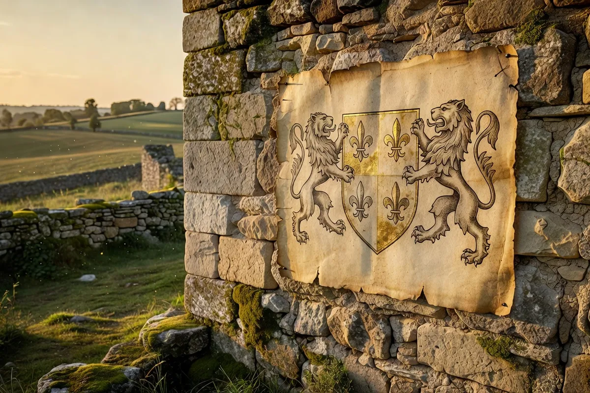 Blason médiéval sculpté sur une pierre d'un monument roman du Poitou