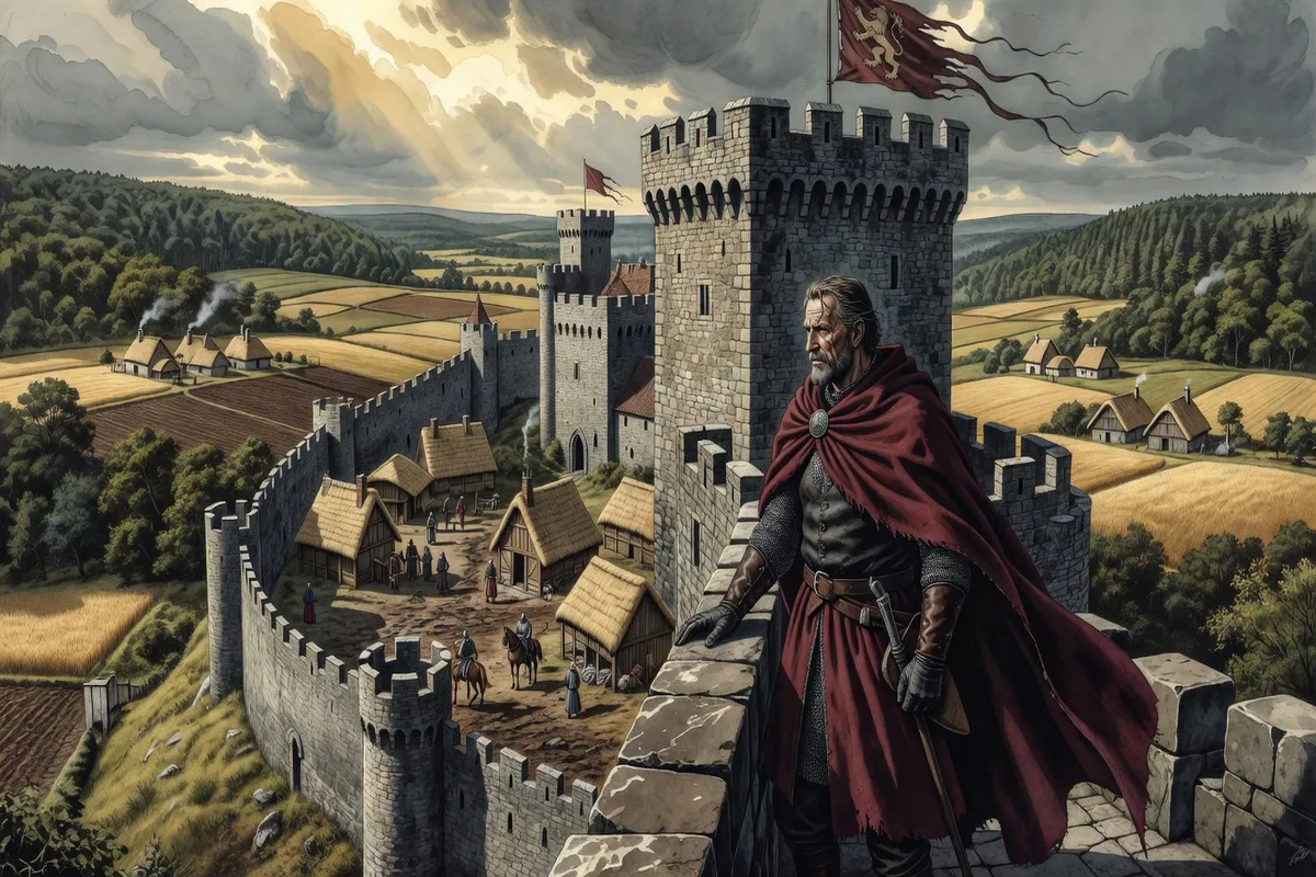 Reconstitution illustrée d'un seigneur médiéval surplombant son domaine