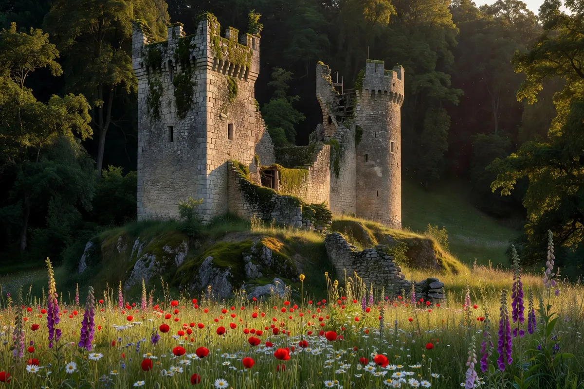 Ruines du château seigneurial de Château-Larcher, tours en pierre calcaire