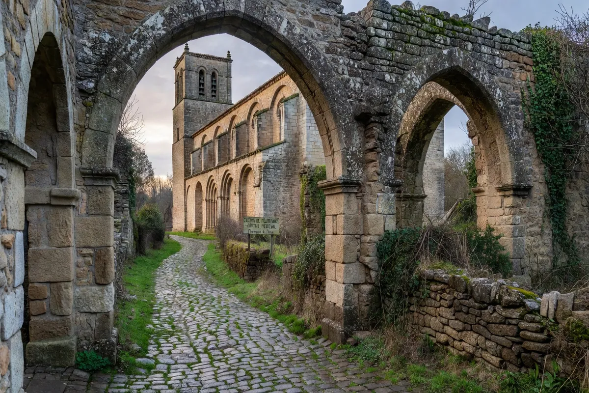 Vestiges d'un hospice médiéval pour pèlerins près d'une église romane en Poitou