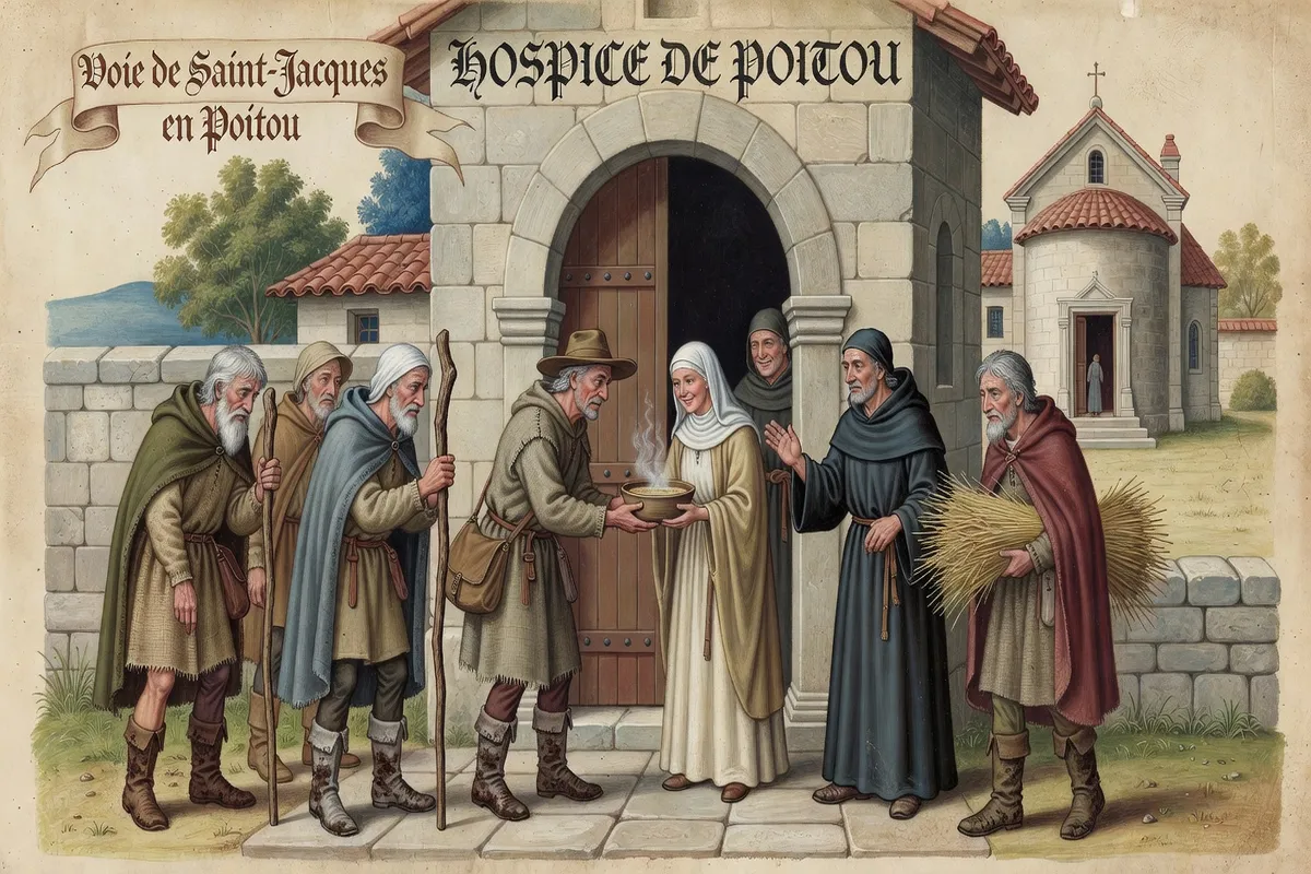 Illustration d'accueil des pèlerins dans un hospice médiéval sur la route de Compostelle