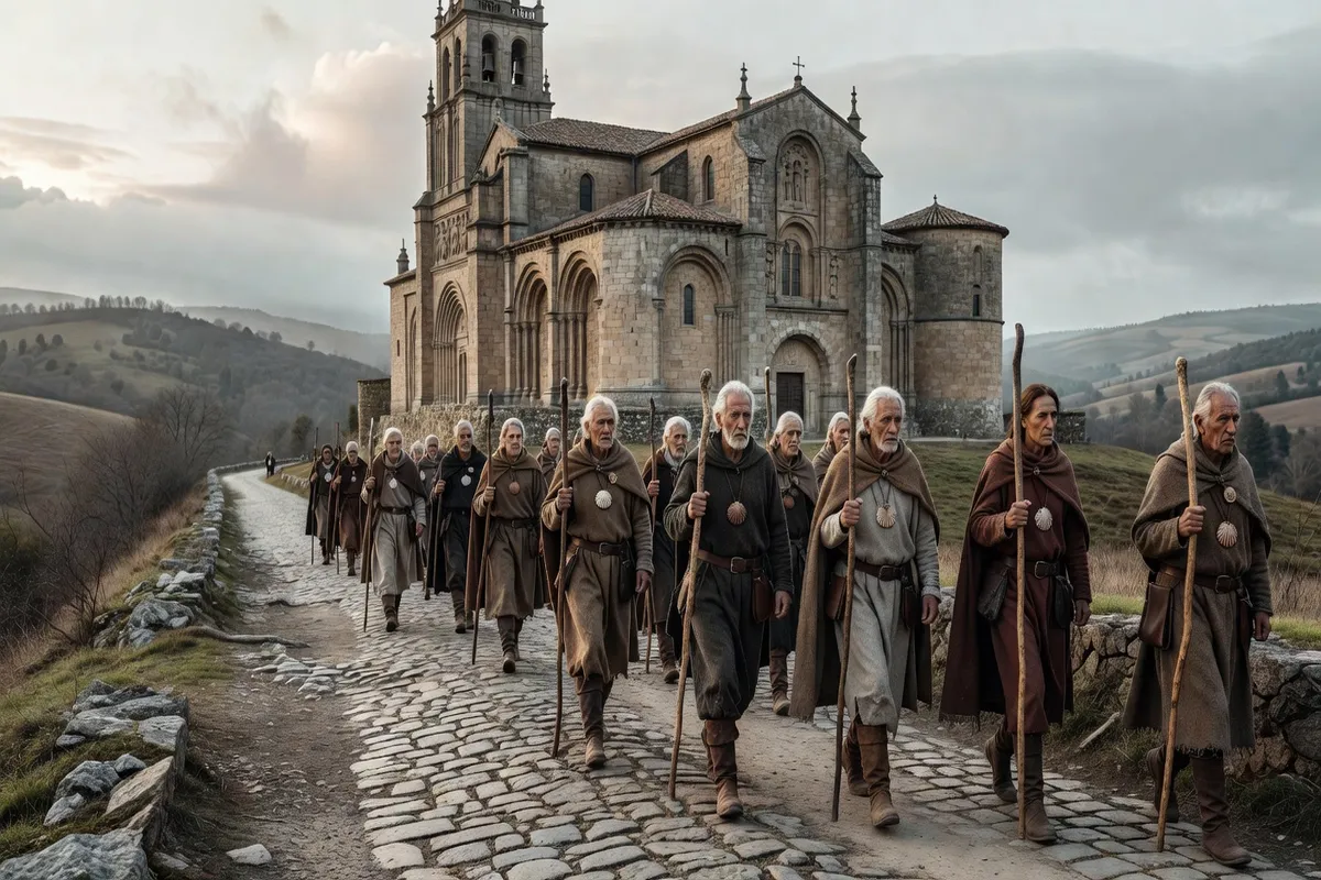 Pèlerins sur le chemin de Compostelle en France médiévale, hospice à l'horizon