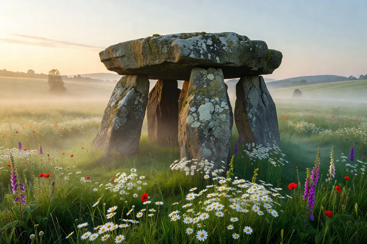 Dolmen néolithique recouvert de lichens dans un champ de la Vienne, herbes et ciel matinal