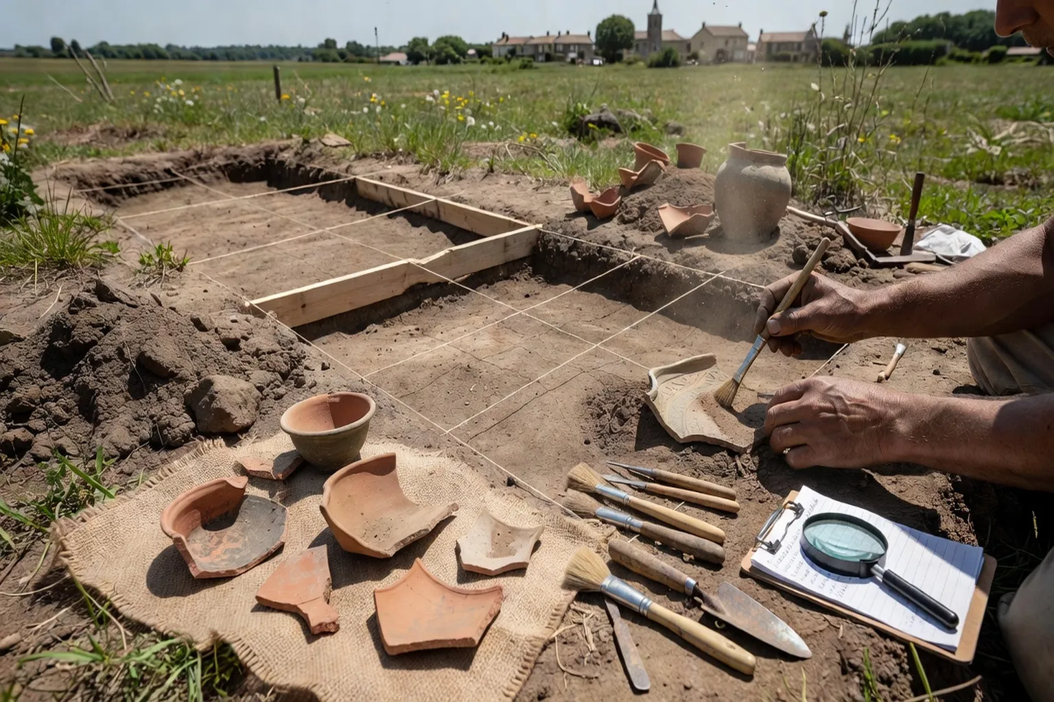 Fouilles archéologiques en France, mains et pinceaux dégageant des fragments de poterie ancienne