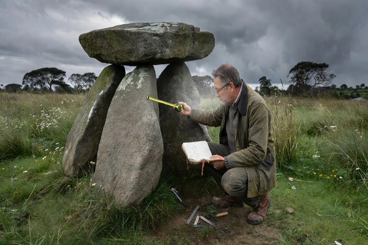 Archéologue étudiant un dolmen néolithique sur le terrain dans la Vienne