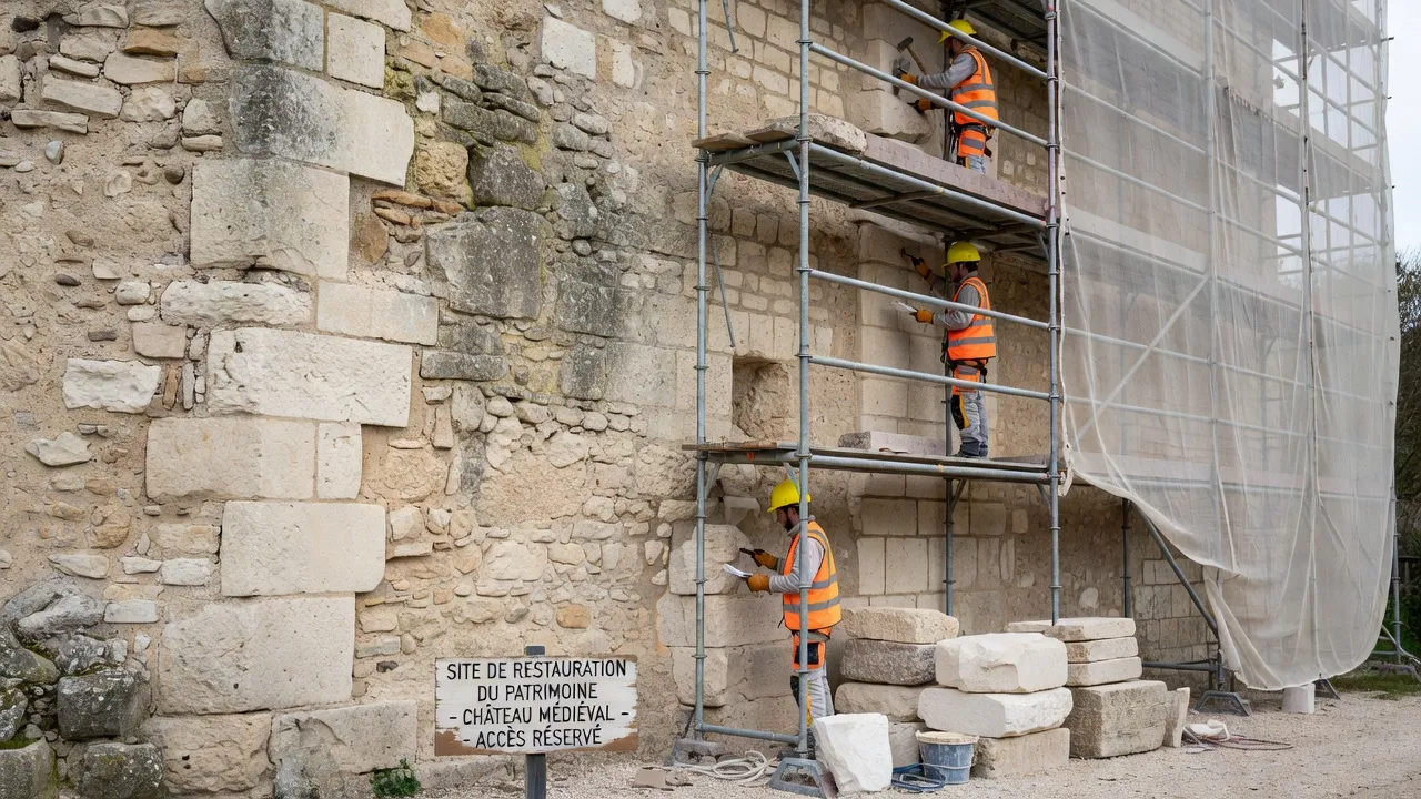 Chantier de restauration d'un château médiéval en calcaire avec échafaudages et maçons