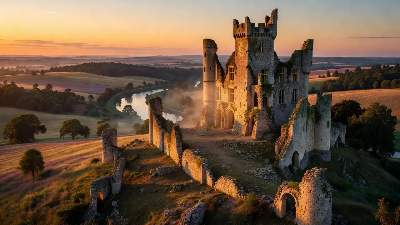 Ruines d'un château médiéval français sur une colline à l'heure dorée, pierres en calcaire
