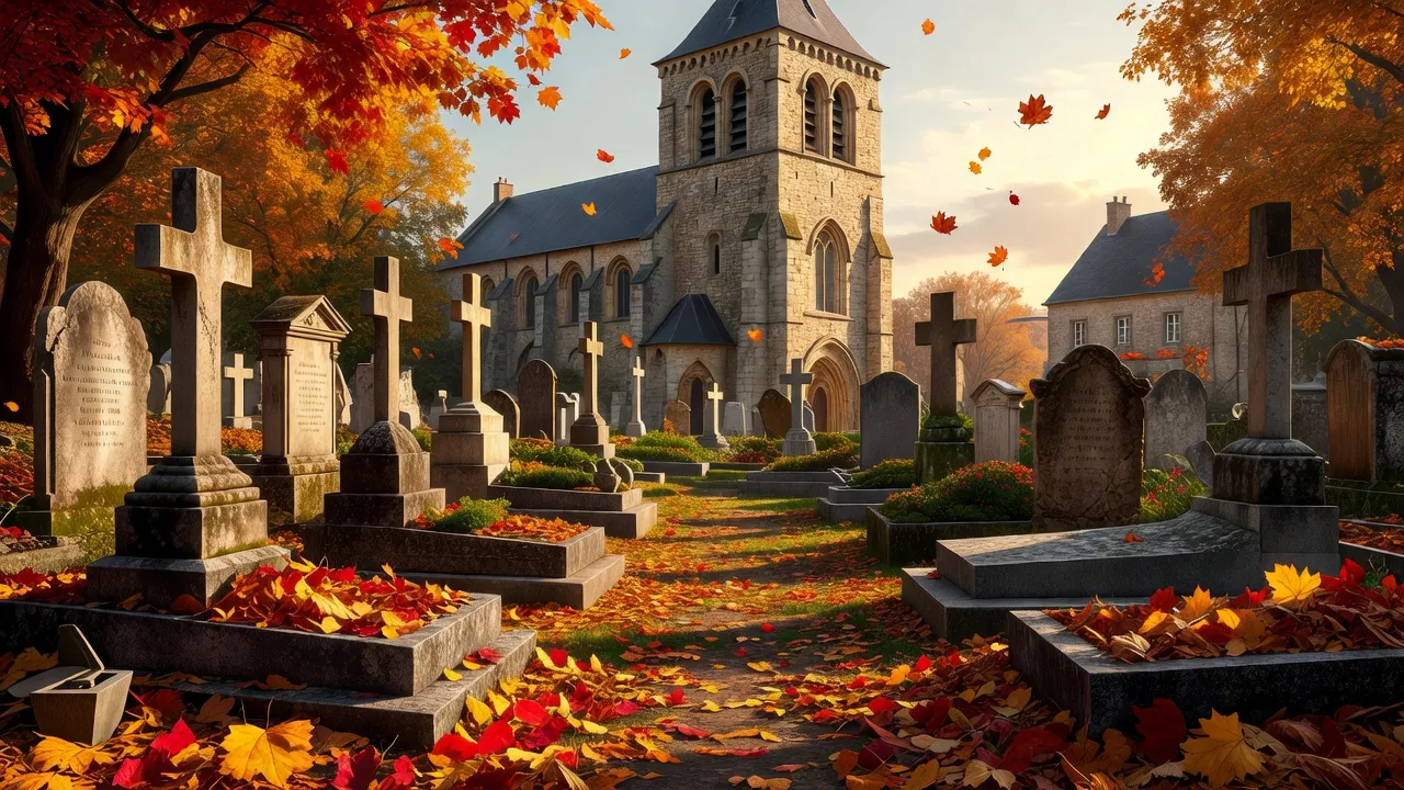 Cimetière de village français en automne avec église romane visible