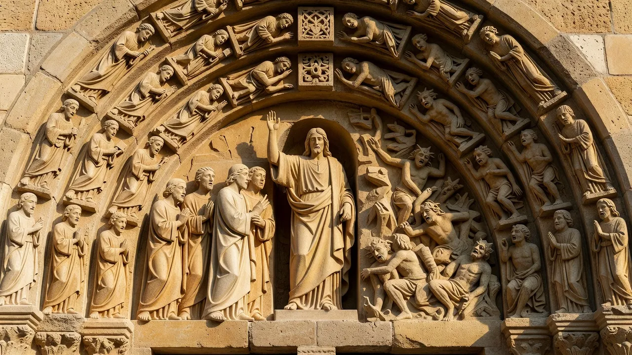 Portail sculpté d'une église romane française avec scènes de résurrection