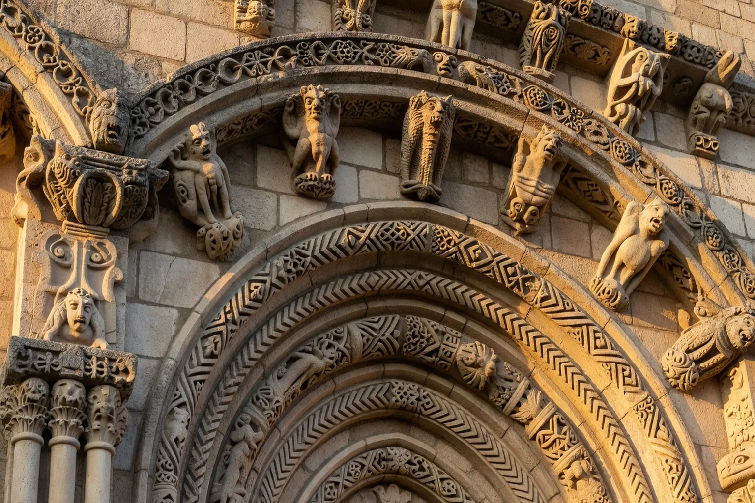Façade sculptée d'une église romane poitevine, détail des archivoltes et modillons
