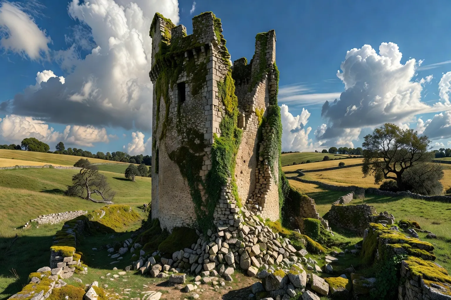Tour en ruines d'un château médiéval en Vienne, pierres envahies de végétation