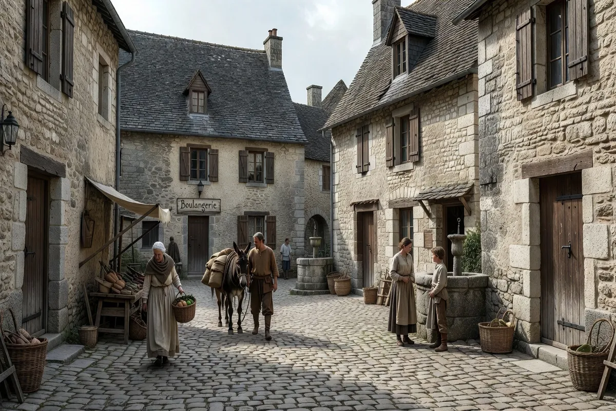 Village médiéval de Château-Larcher, maisons en calcaire et place du bourg