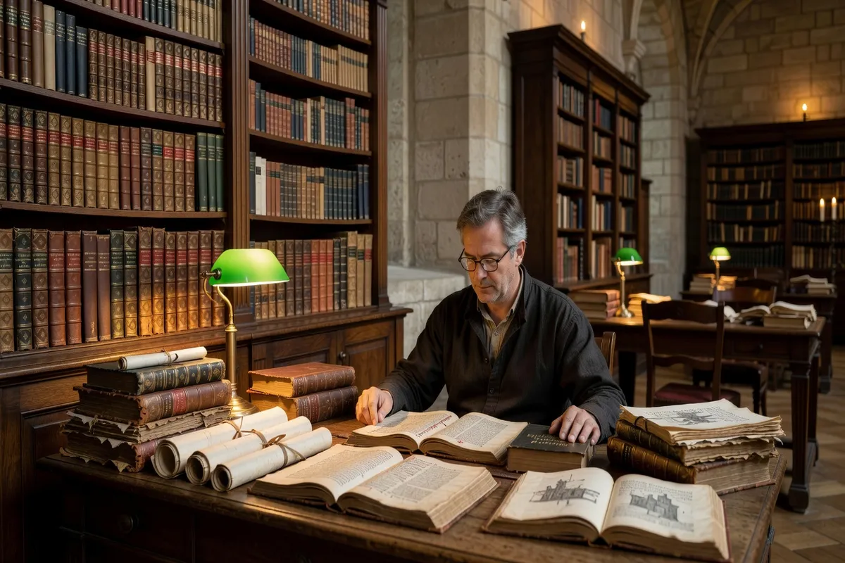 Historien entouré de manuscrits anciens sur le patrimoine médiéval du Vienne