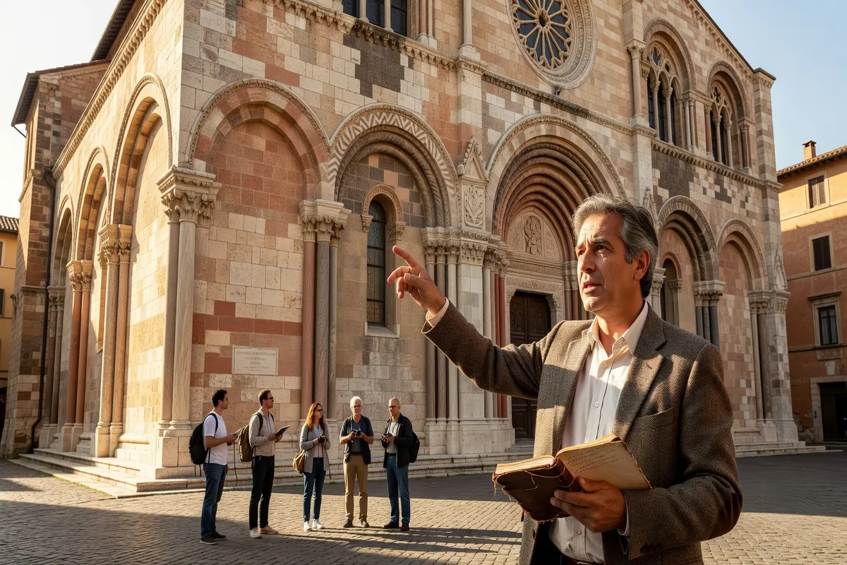 Historien commentant les détails architecturaux d'une église romane