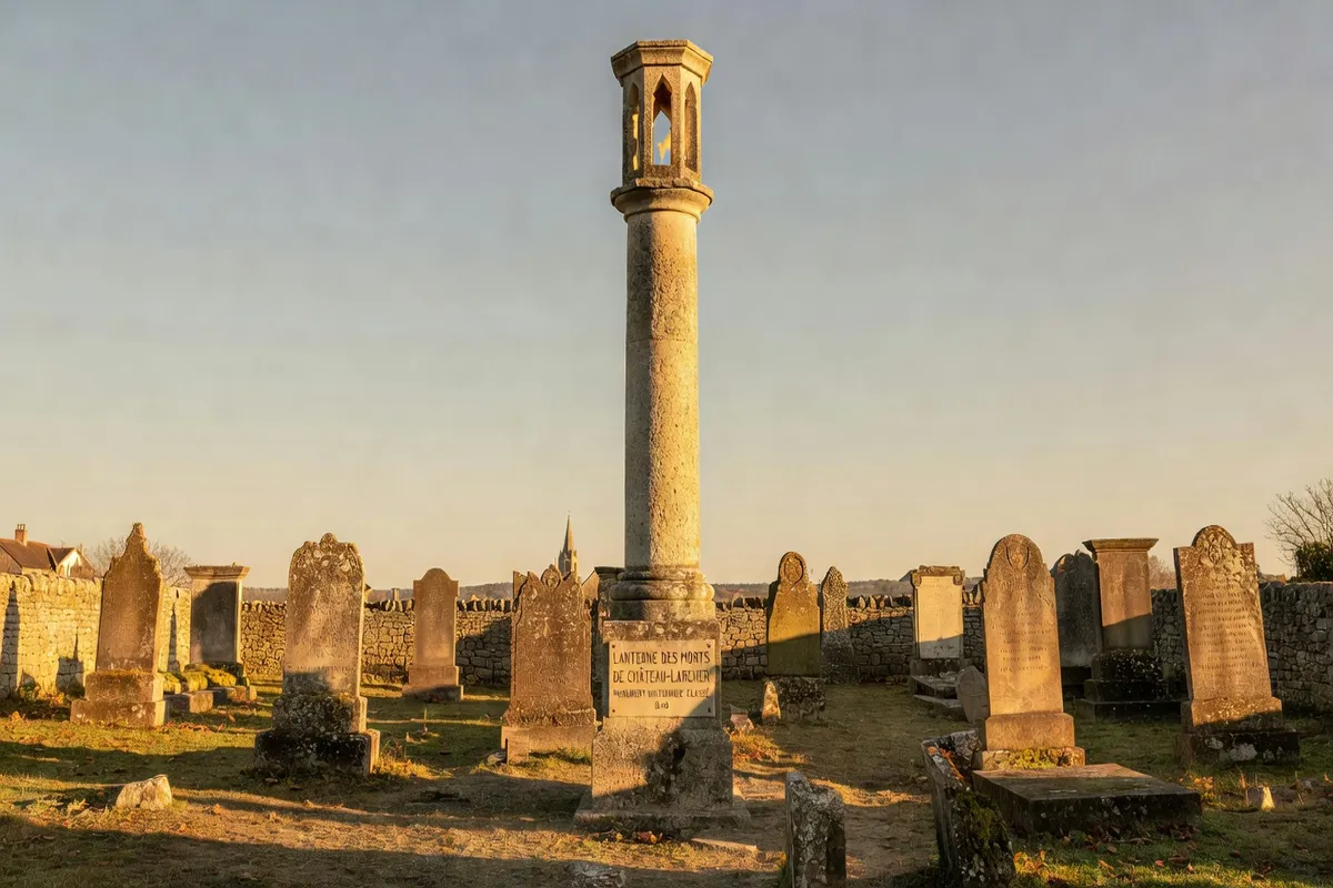 Lanterne des morts de Château-Larcher, colonne calcaire XIIe siècle, classée 1840