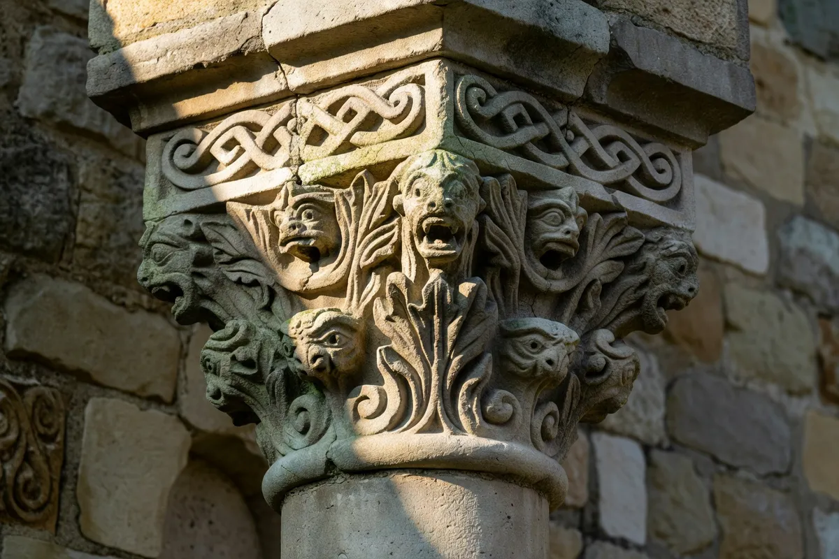Détail sculpté du chapiteau de la lanterne des morts de Château-Larcher