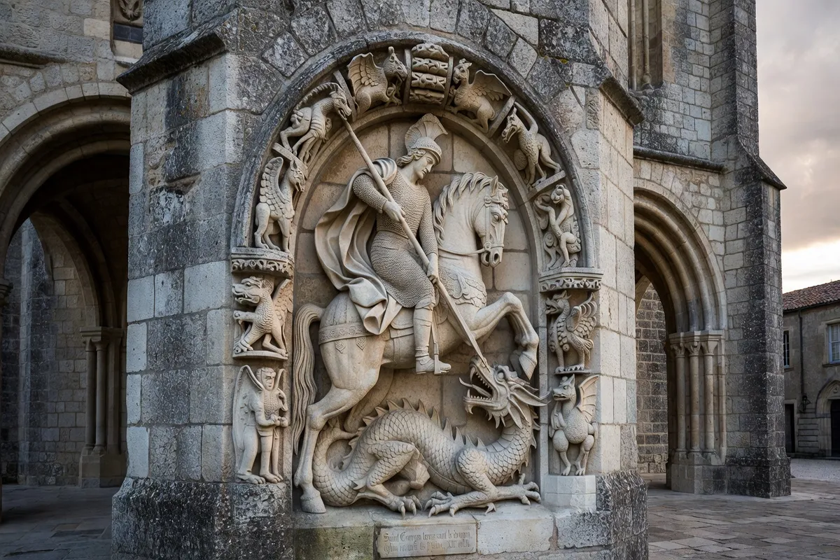 Sculpture romane de saint Georges terrassant le dragon sur un portail poitevin