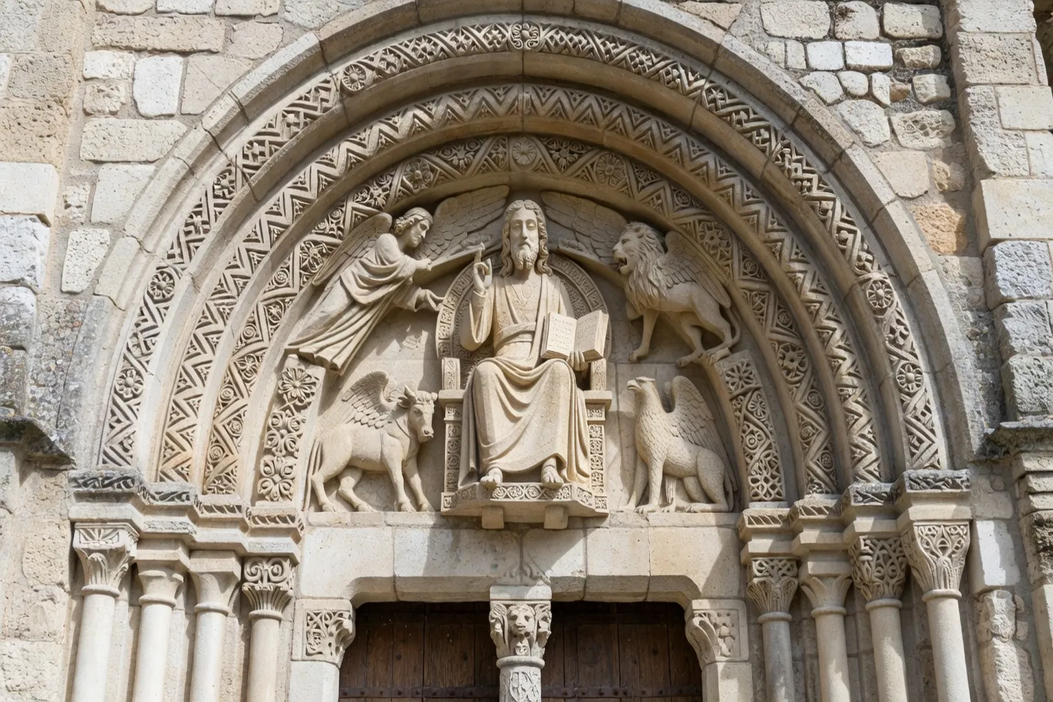Tympan sculpte au-dessus du portail medieval