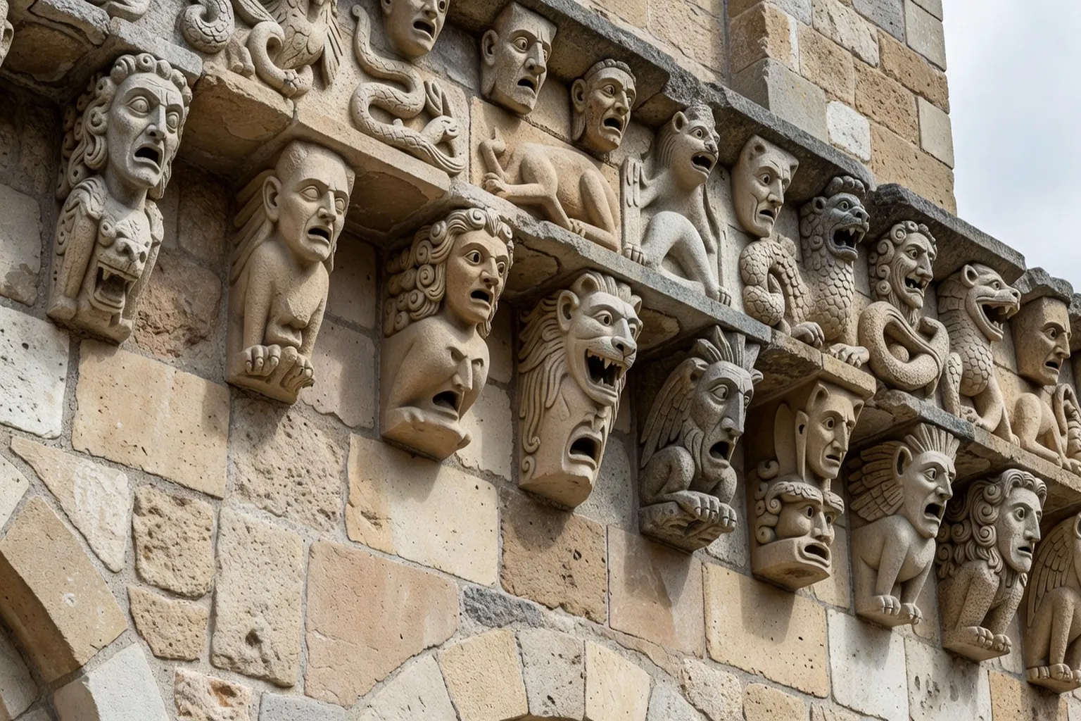 Modillons et corniches sculptees, detail pierre medievale