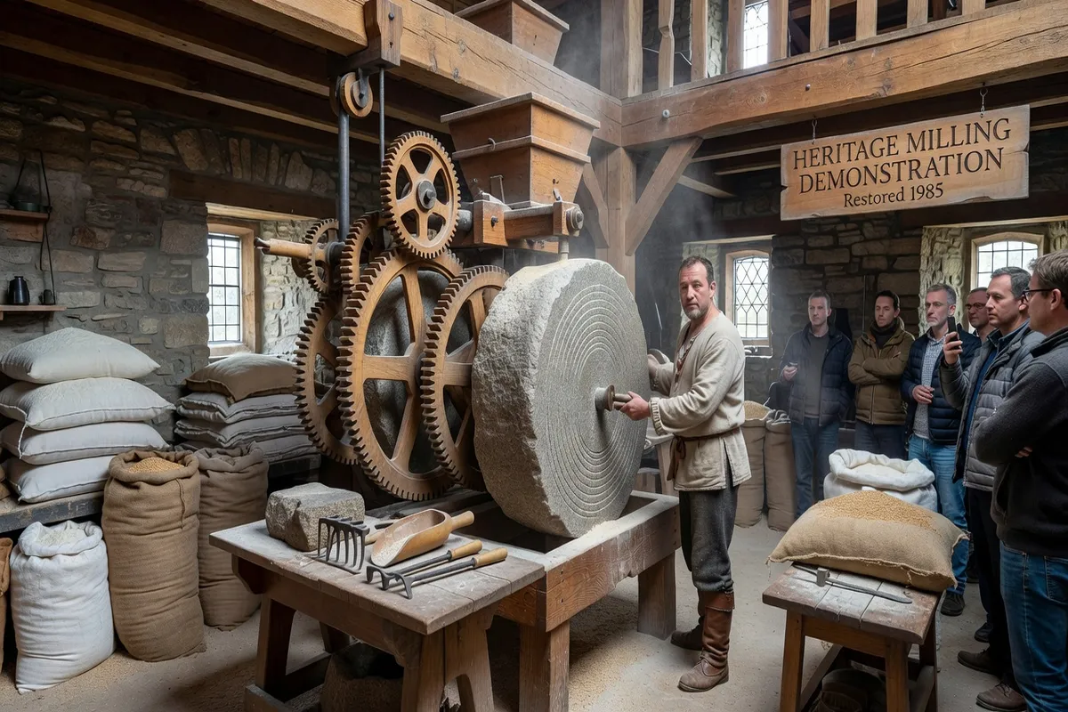 Mécanisme intérieur du Moulin Robin, meules et engrenages en bois traditionnels