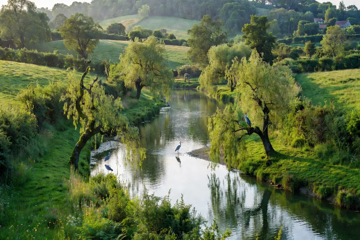 La Clouère serpentant dans la campagne du bocage poitevin, reflets dans l'eau