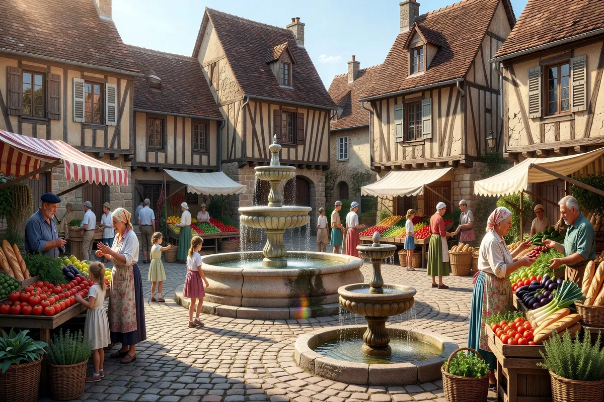 Place de village animée d'une Petite Cité de Caractère de Nouvelle-Aquitaine