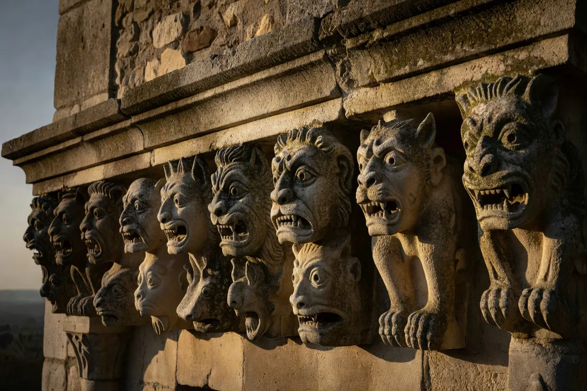 Modillons sculptés sous la corniche d'une église romane du Poitou, visages grimaçants