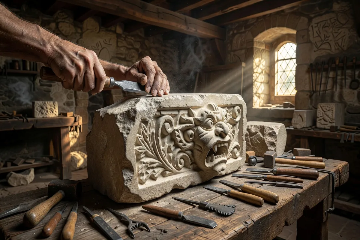 Artisan sculpteur taillant un modillon roman dans le calcaire, artisanat médiéval