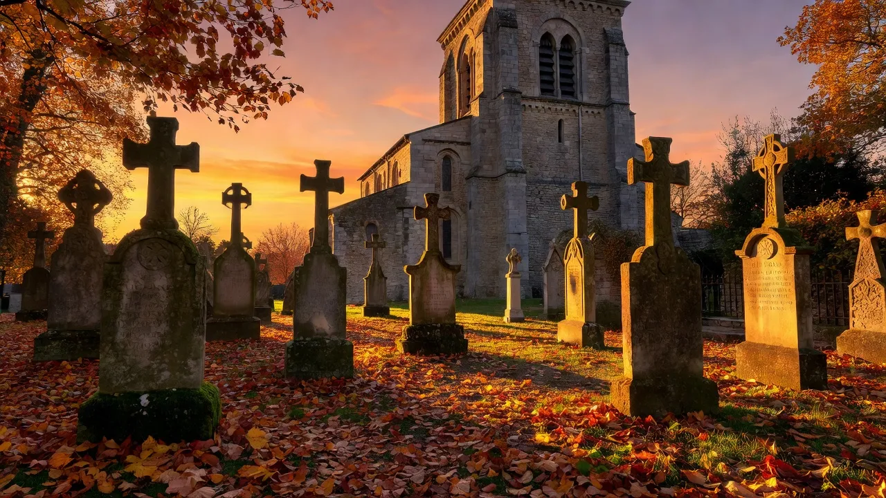 Cimetière médiéval rural avec croix de pierre et église romane en arrière-plan