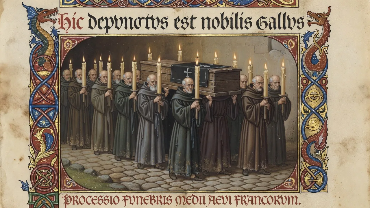 Enluminure médiévale représentant une procession funèbre avec moines portant des cierges
