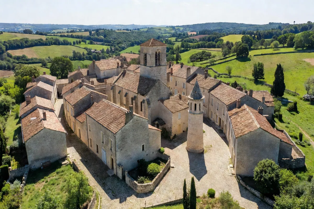 Village de Château-Larcher vu de loin, église et lanterne des morts en calcaire