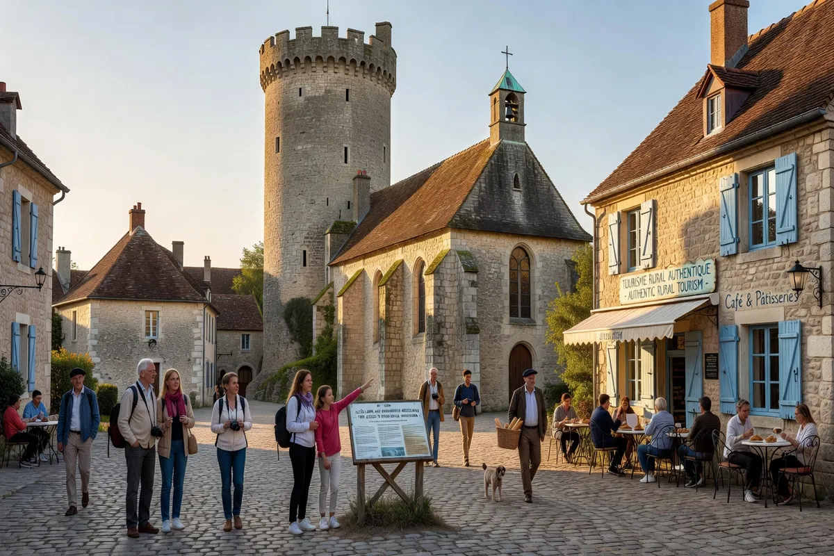 Touriste découvrant les monuments médiévaux de Château-Larcher, visite libre