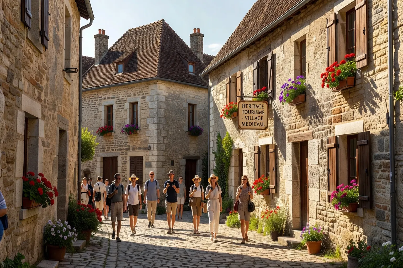 Visiteurs en itinéraire dans un village médiéval viennois, ruelle pavée et maisons de pierre